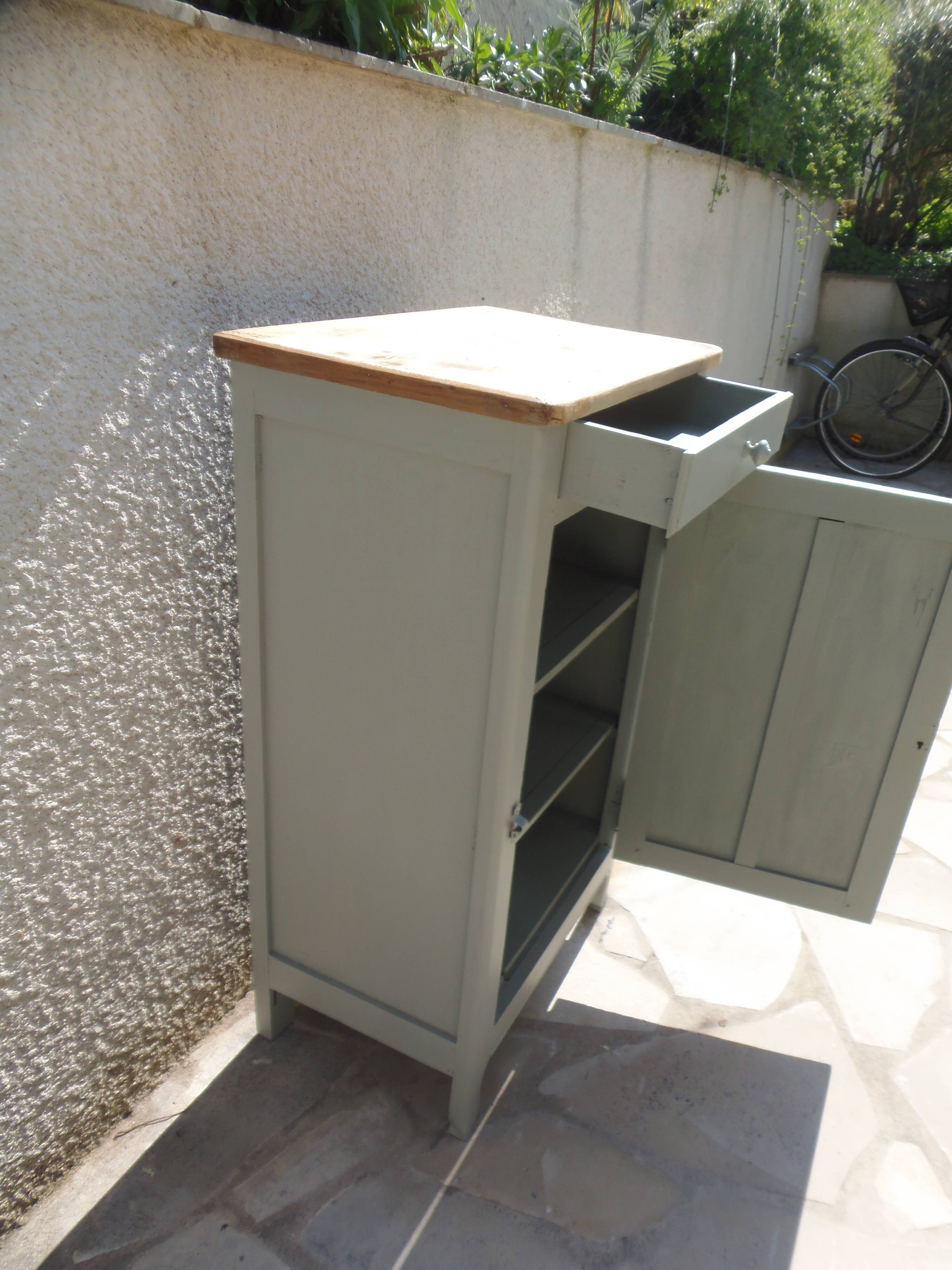 Vintage Parisian cupboard with 1 door, 1 drawer, reimagined in grey-green.