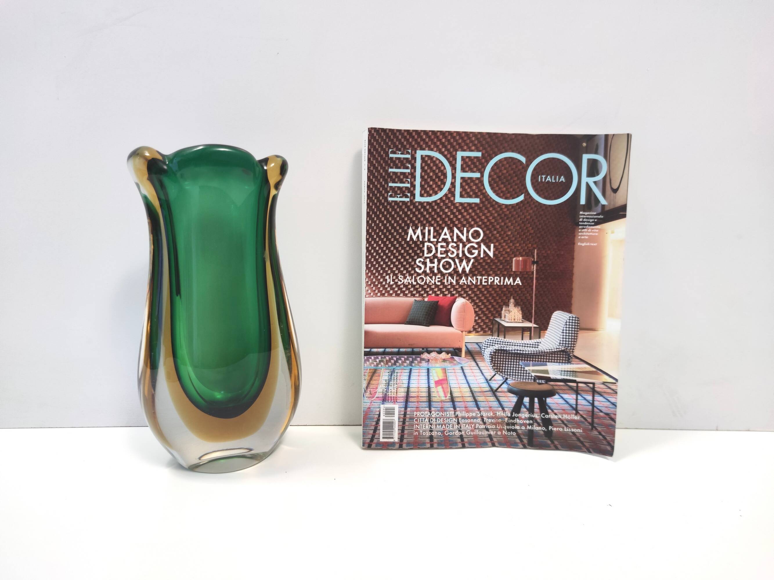 Green and Yellow Sommerso Murano Glass Vase attr. to Flavio Poli, Italy
