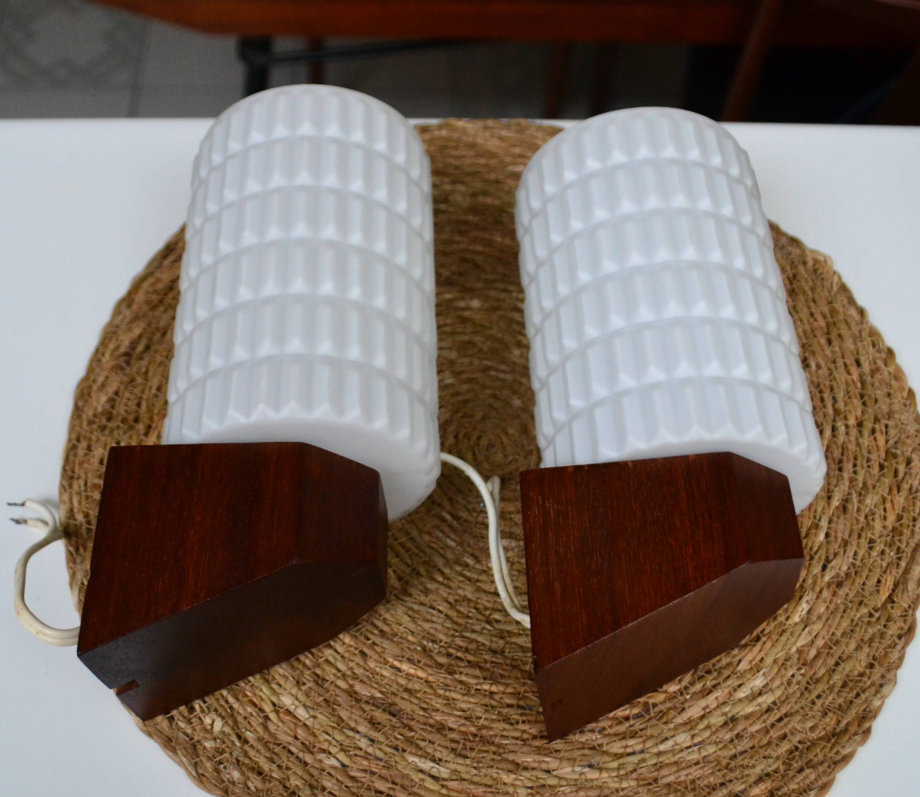 Pair of Scandinavian wall lights in teak and opaline by Philips from the 1960s.
