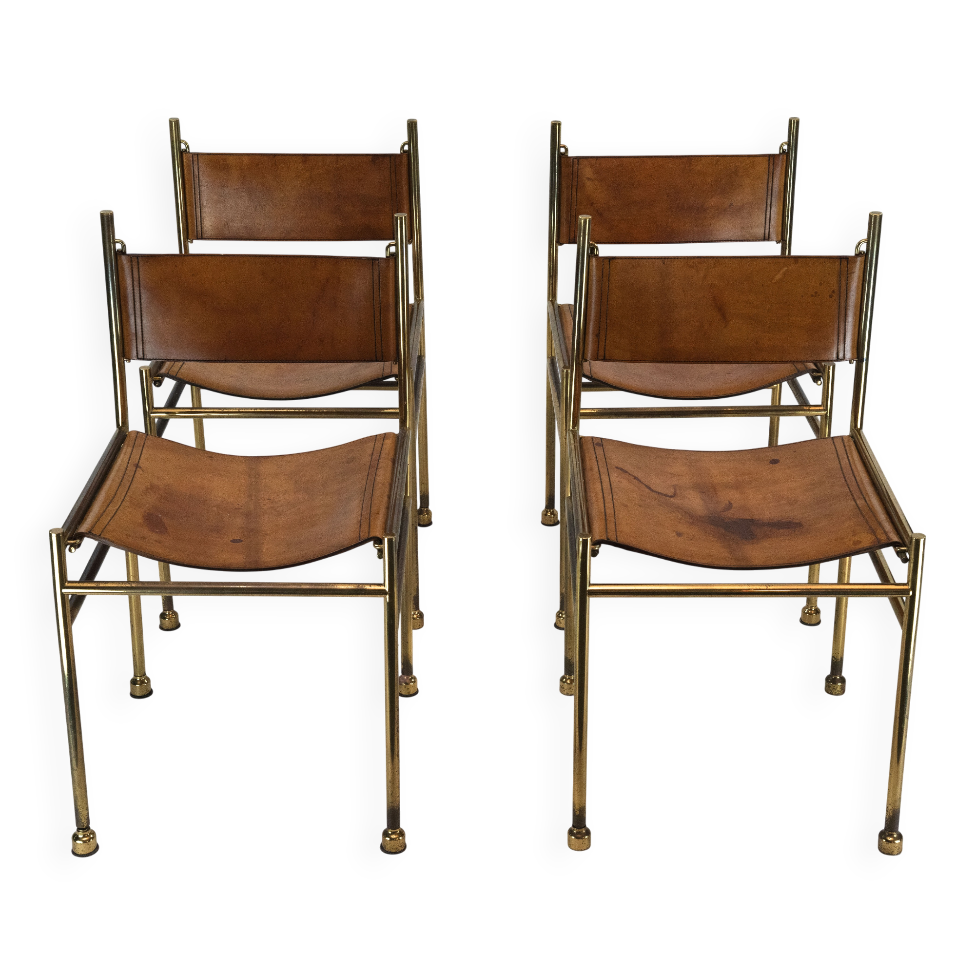 Set of 4 Brass and Leather Chairs by Luciano Frigerio, Italy, 1970s