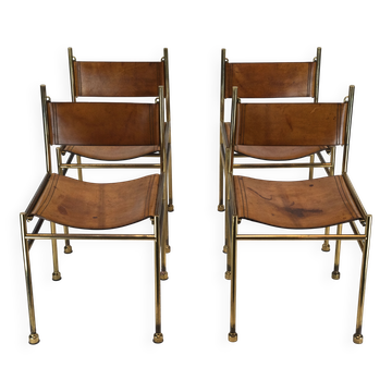 Set of 4 Brass and Leather Chairs by Luciano Frigerio, Italy, 1970s