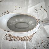 Porcelain sauceboat, white manufacture with double gold line, hand-painted.