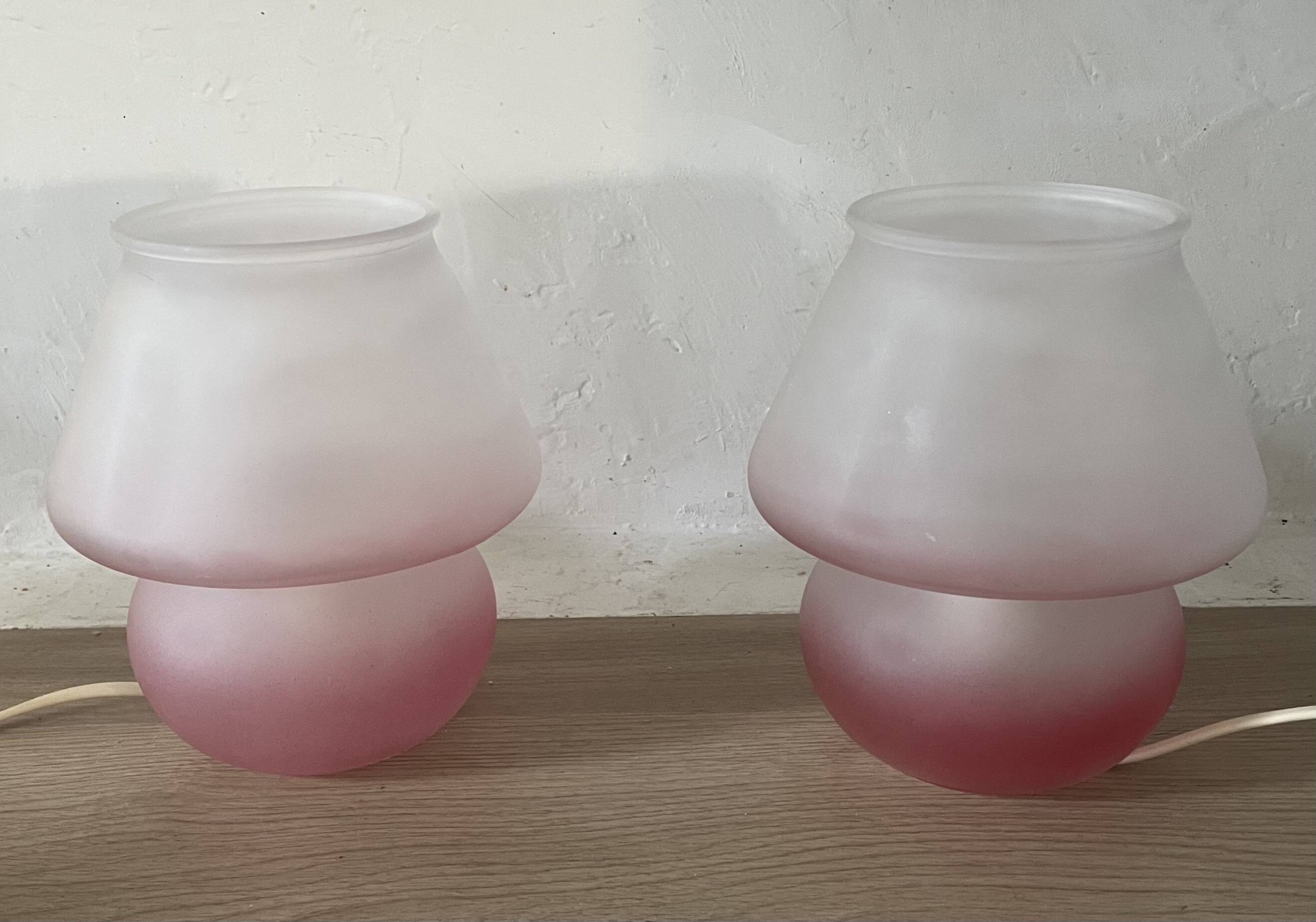 Pair of frosted pink glass mushroom lamps