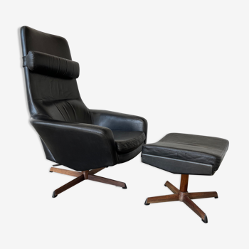 Fauteuil lounge et son ottoman en cuir noir par ib kofod larsen