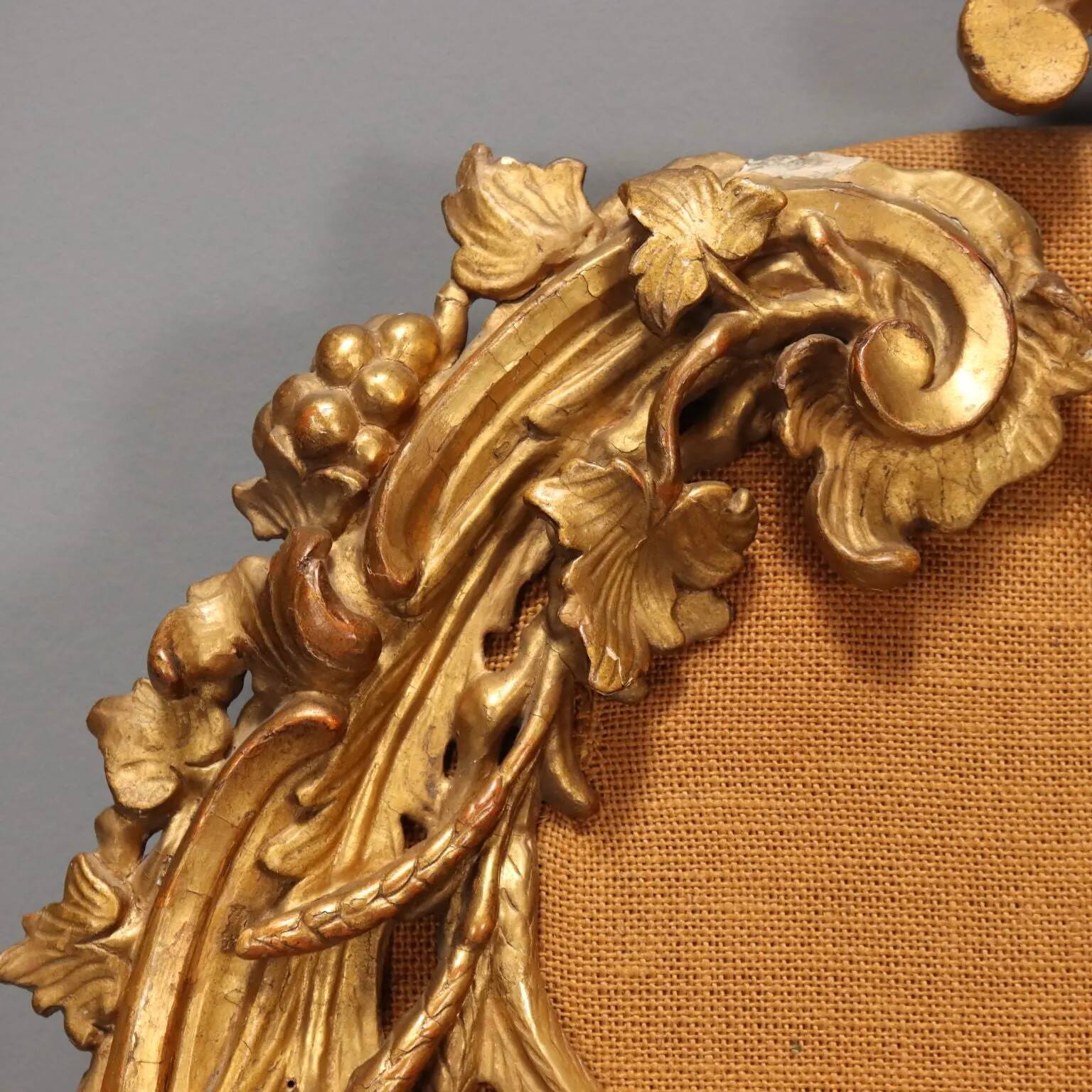 Antique wooden and fabric headboard, Italy, 19th century.