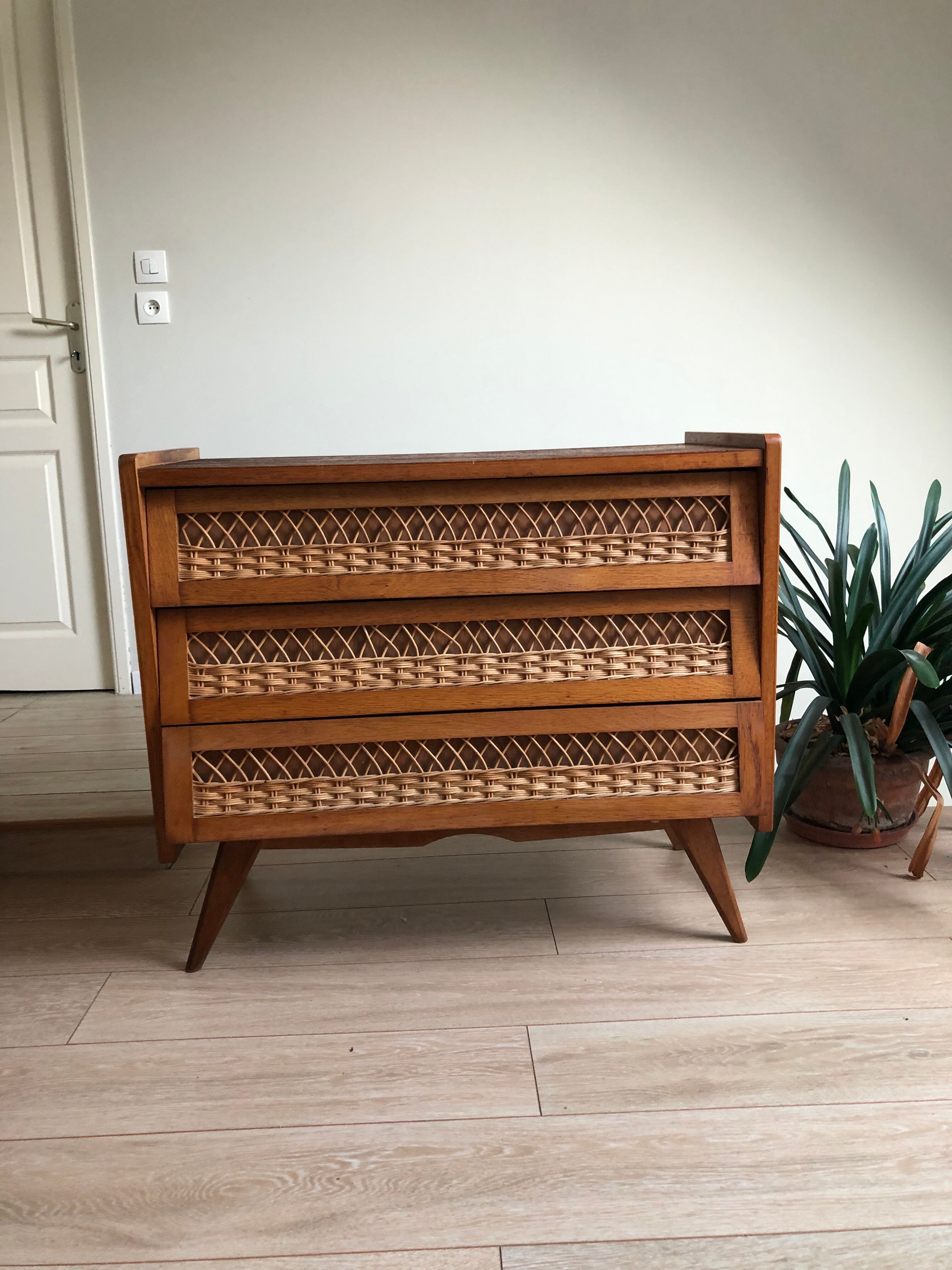 Vintage wood and rattan chest of drawers