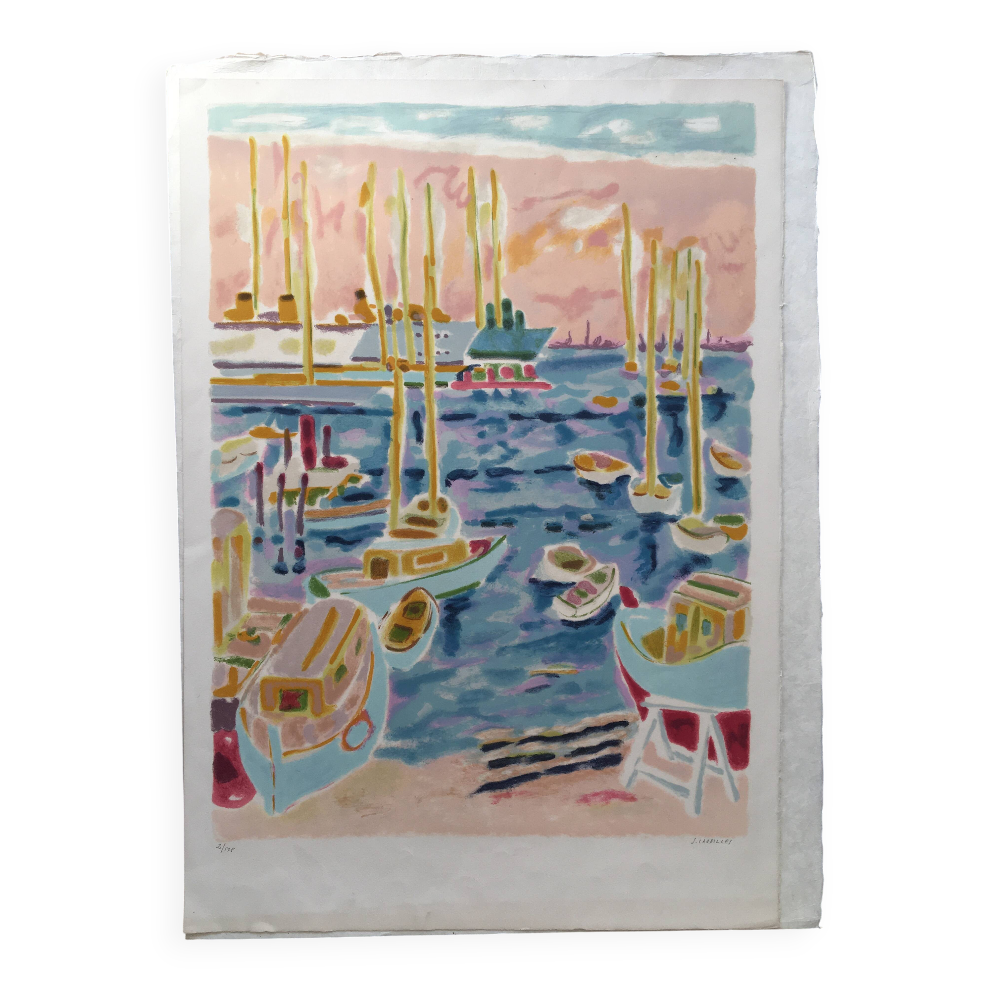 Lithograph of the port of Cannes by Jules Cavaillès.