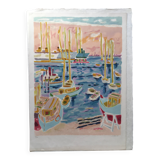 Lithograph of the port of Cannes by Jules Cavaillès.