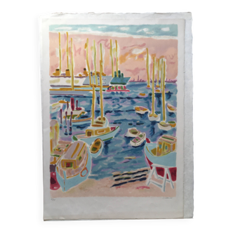 Lithograph of the port of Cannes by Jules Cavaillès.