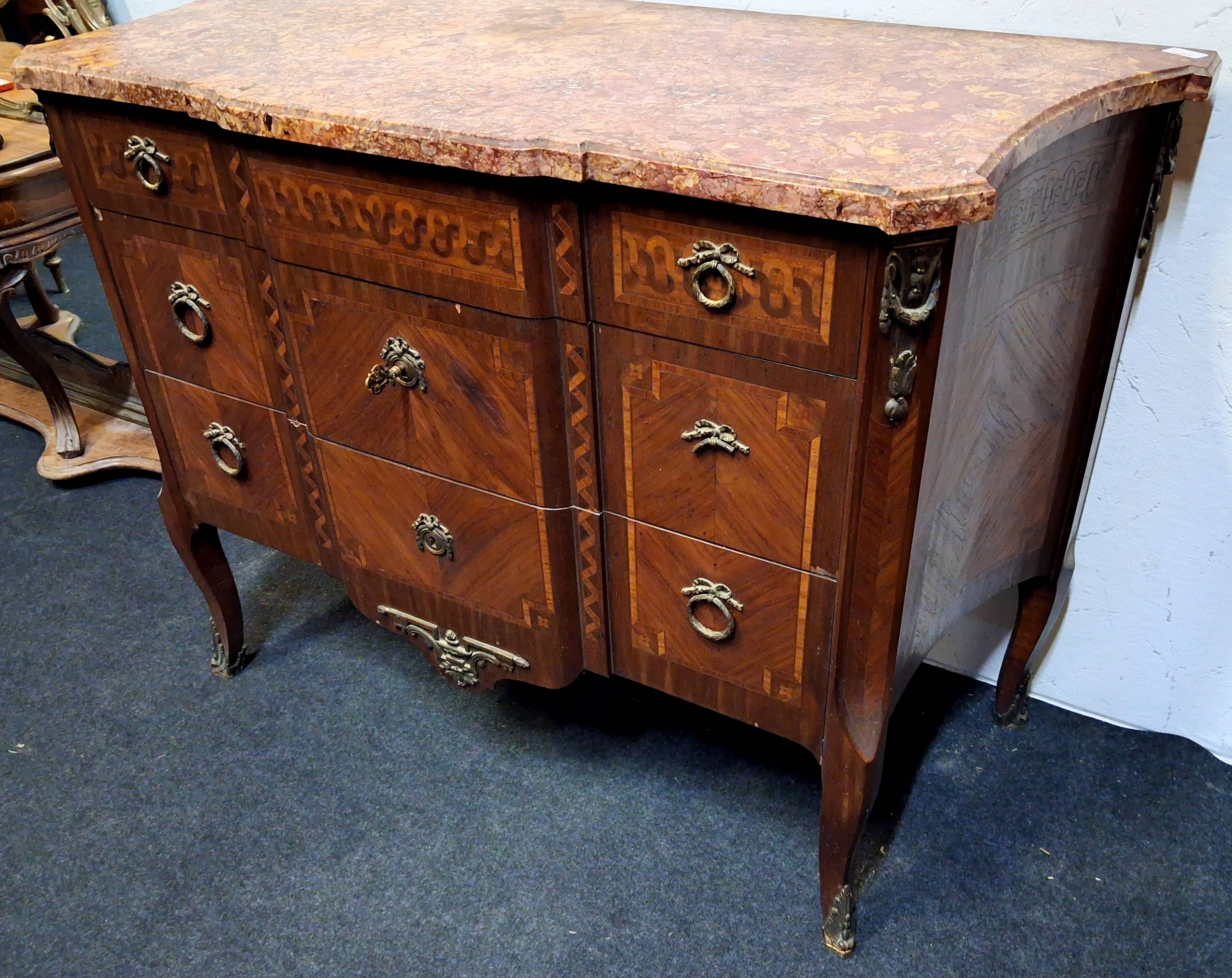 Curved marquetry commode – Marble top – Transitional style