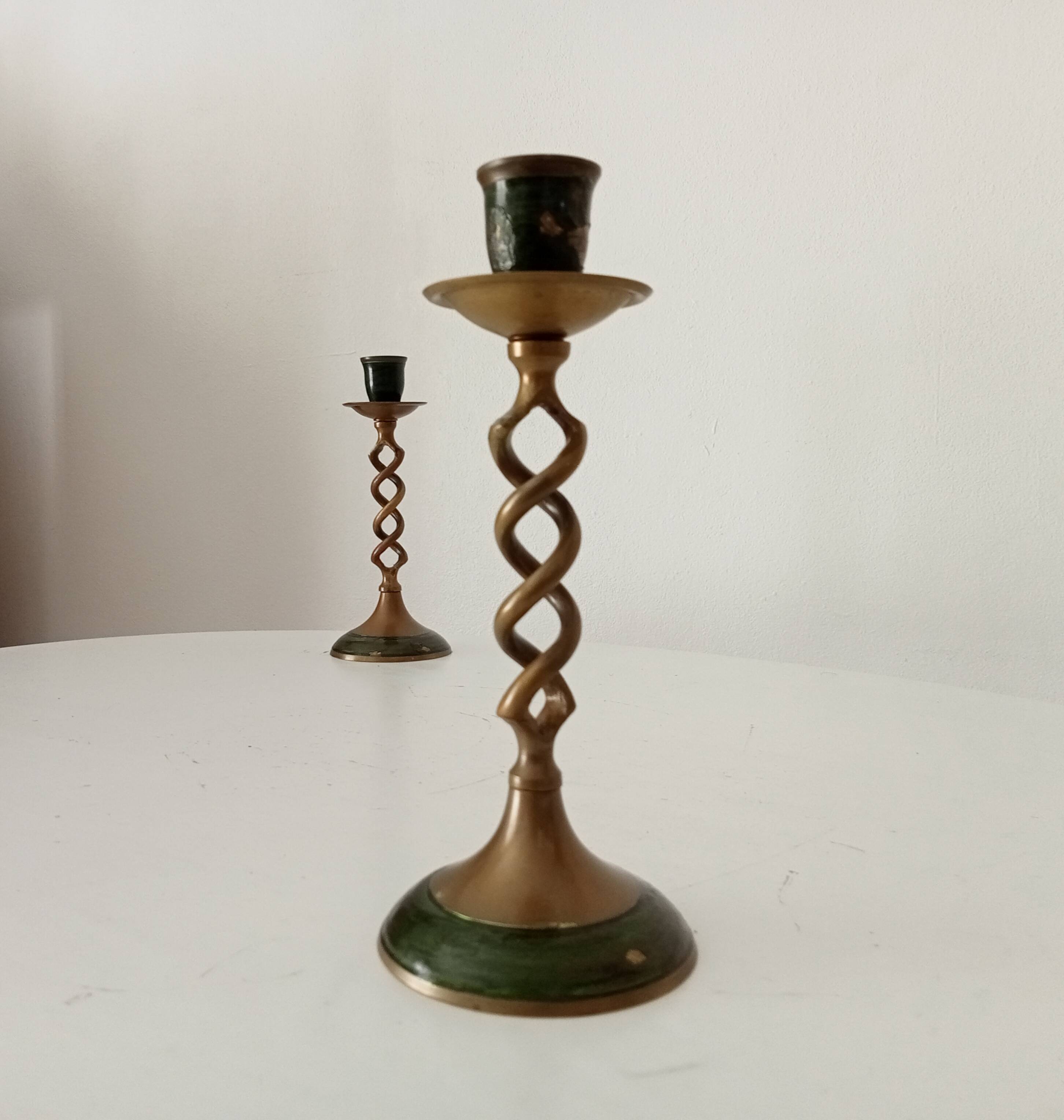 Twisted vintage candlestick in enamelled solid brass