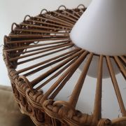 Scandinavian cylindrical pendant lamp with rattan dial and opaline in real and smoked glass