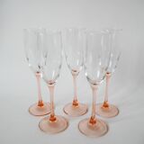 Set of 5 luminarc champagne flutes with pink feet 1970