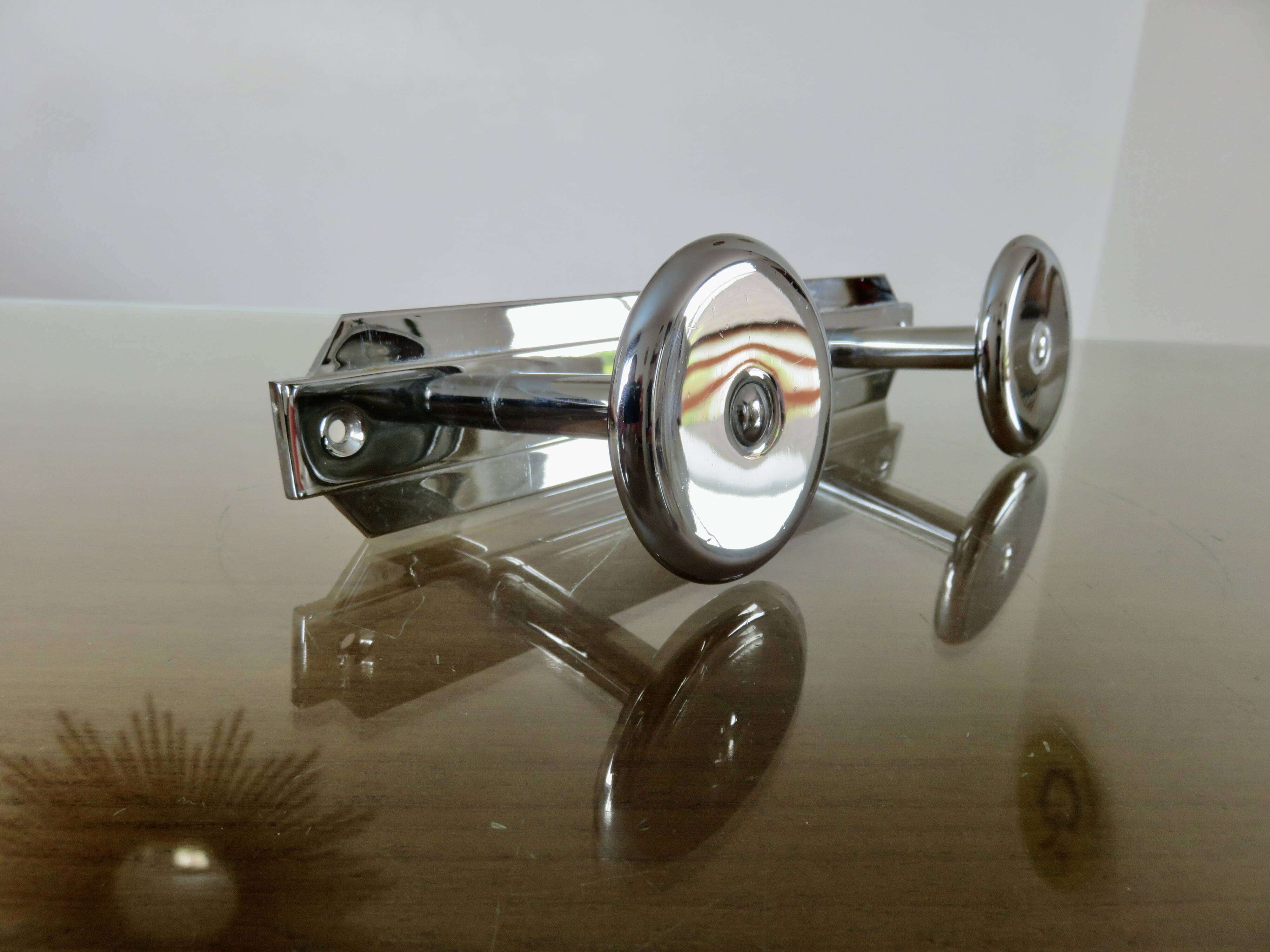 Wall-mounted coat rack in chrome brass, Art Deco, 2 hooks, 1940s 50s