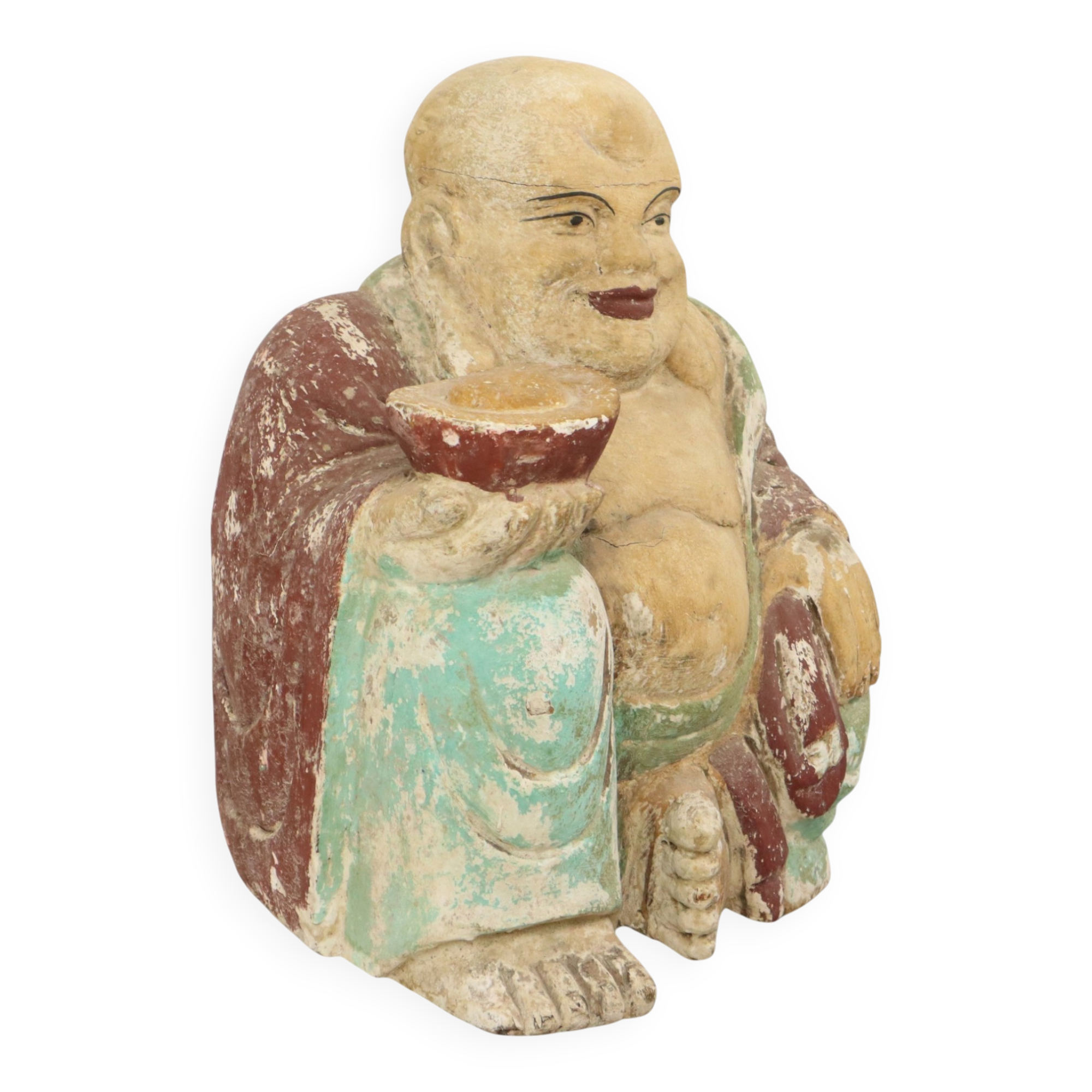 Large XL Polychrome Wooden Laughing Buddha Statue 47 cm