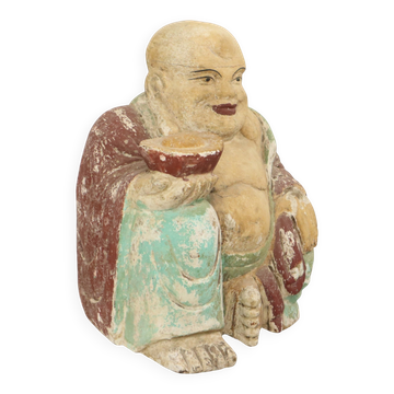 Large XL Polychrome Wooden Laughing Buddha Statue 47 cm