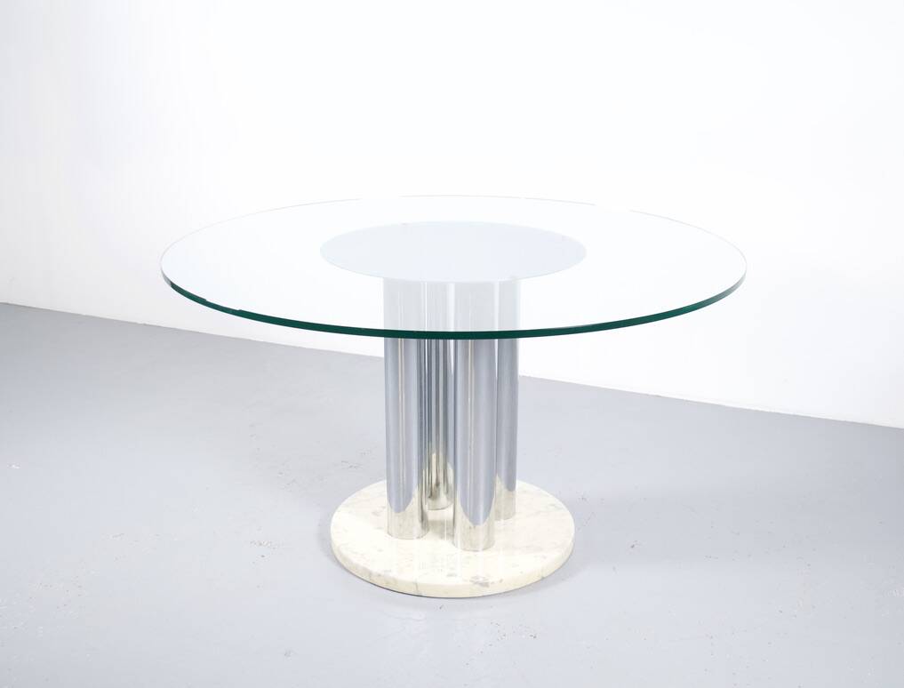Italian marble dining table, chrome steel and glass, 70s