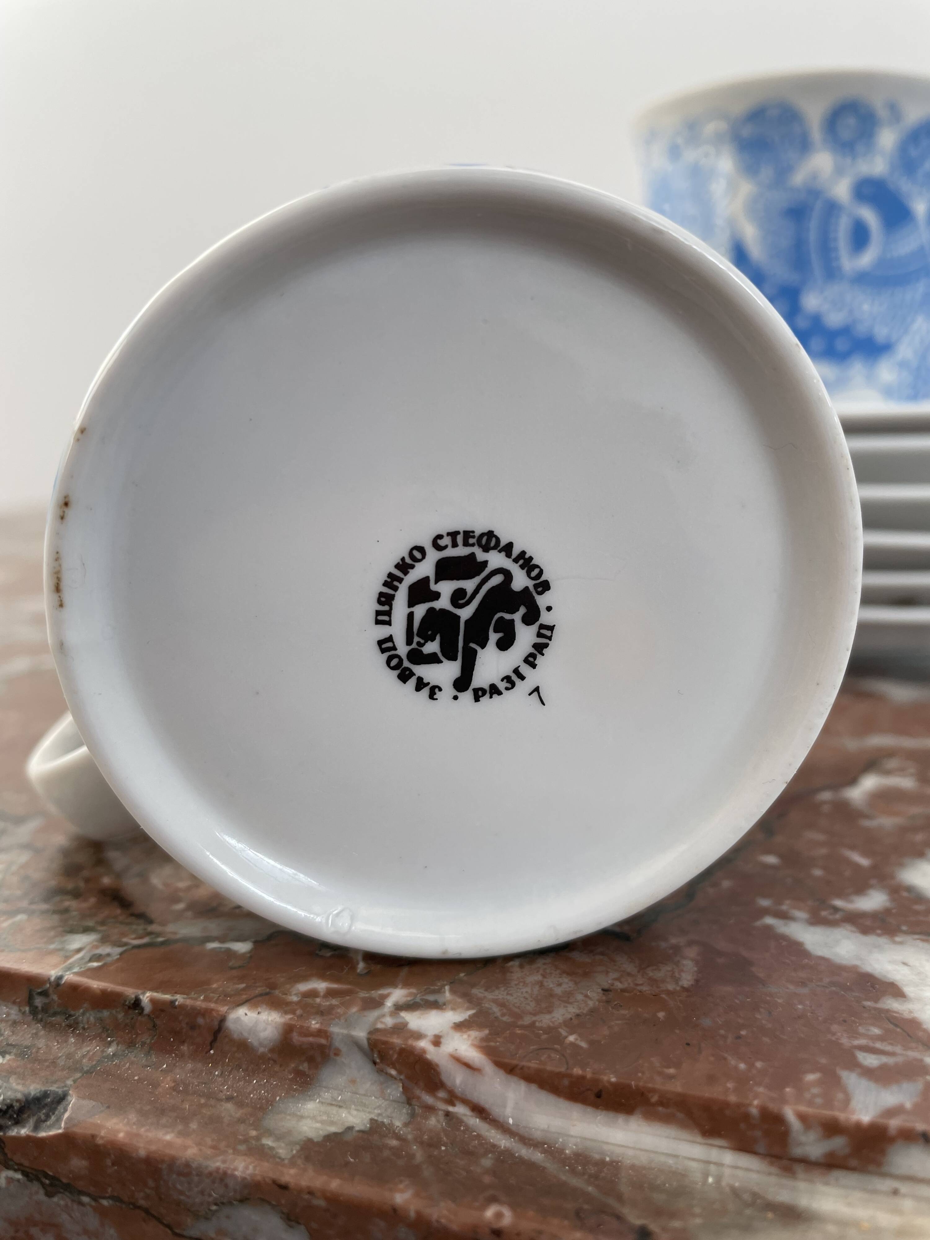 Coffee and tea set, vintage, stylized bird decor, retro, design, blue