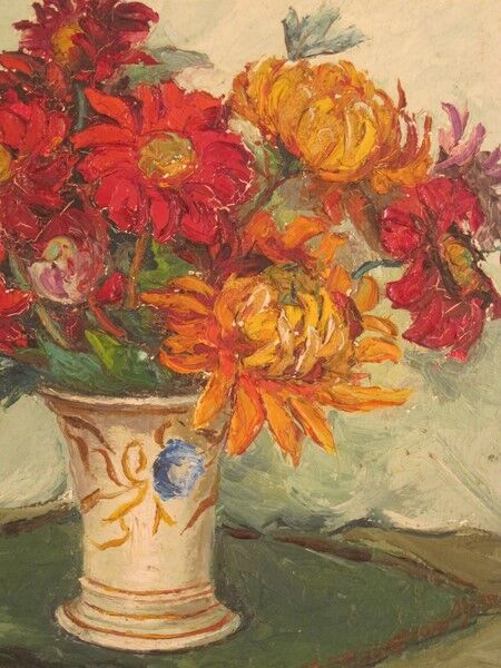 Painting oil flowers signed Alphonsine artist bouquet side