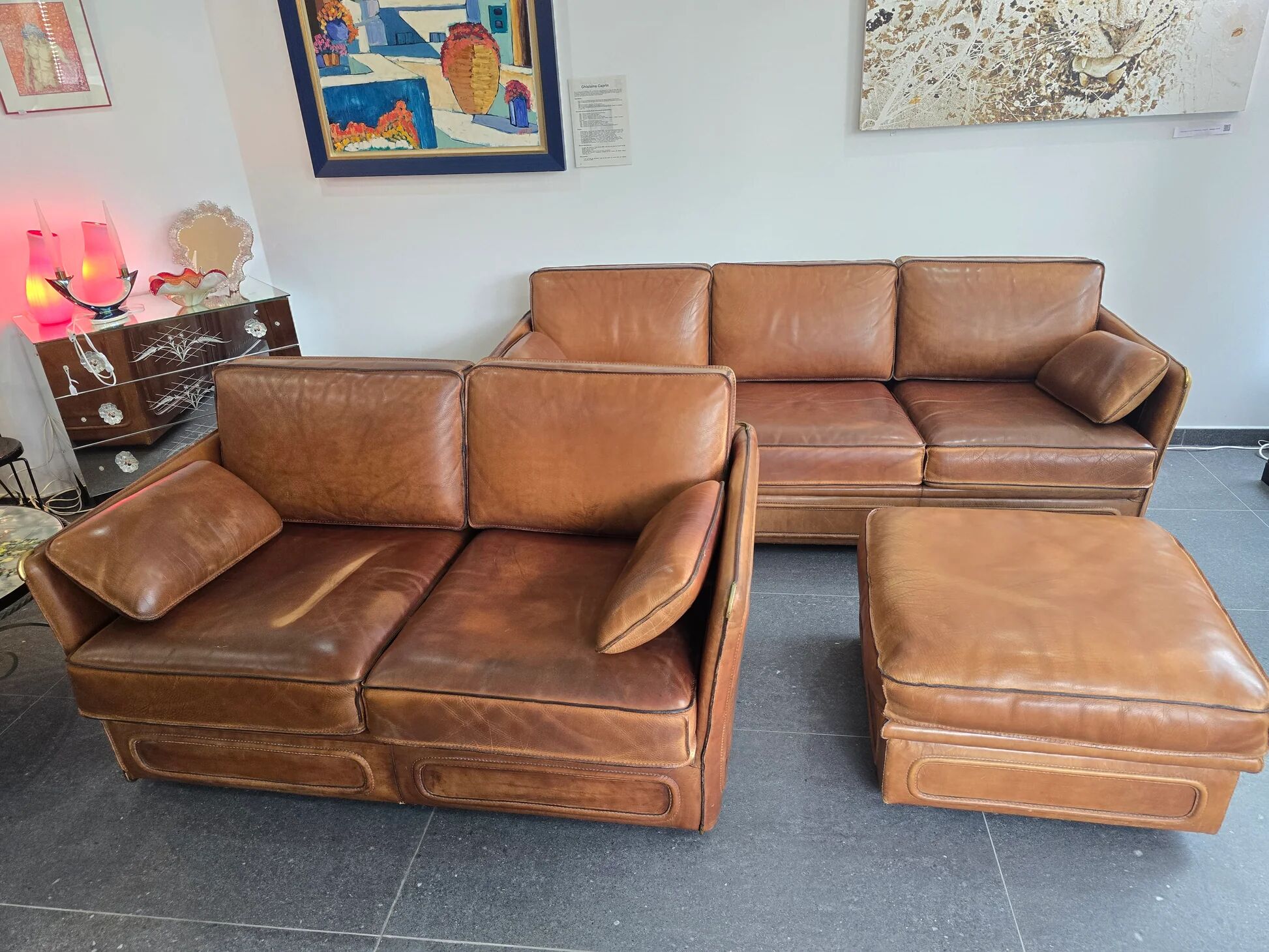 Roche Bobois vintage lounge from the 80s – cognac buffalo leather – 2 sofas + pouf