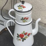 Coffee pot, in enamelled iron with patterns of red roses and white flowers, with filter, old