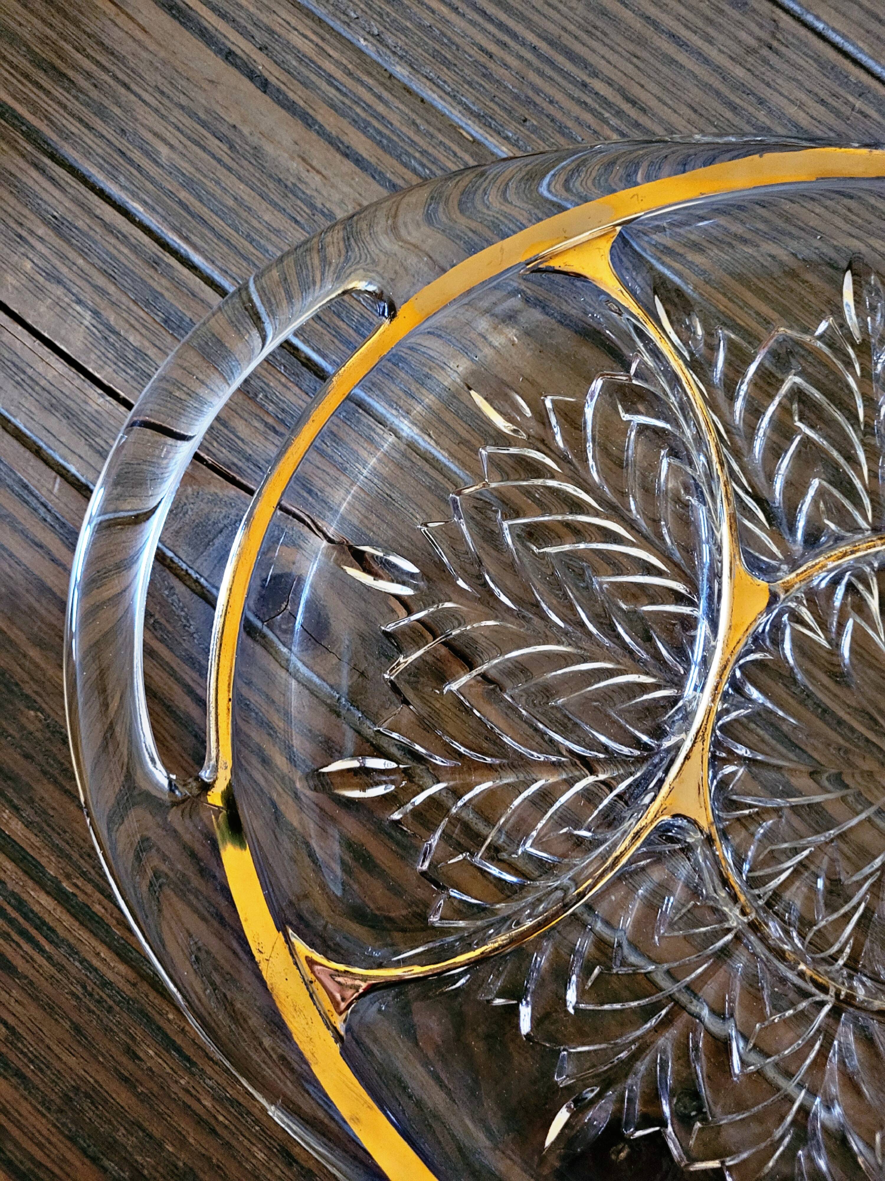 Vintage glass moulded aperitif server with handles and gilding.