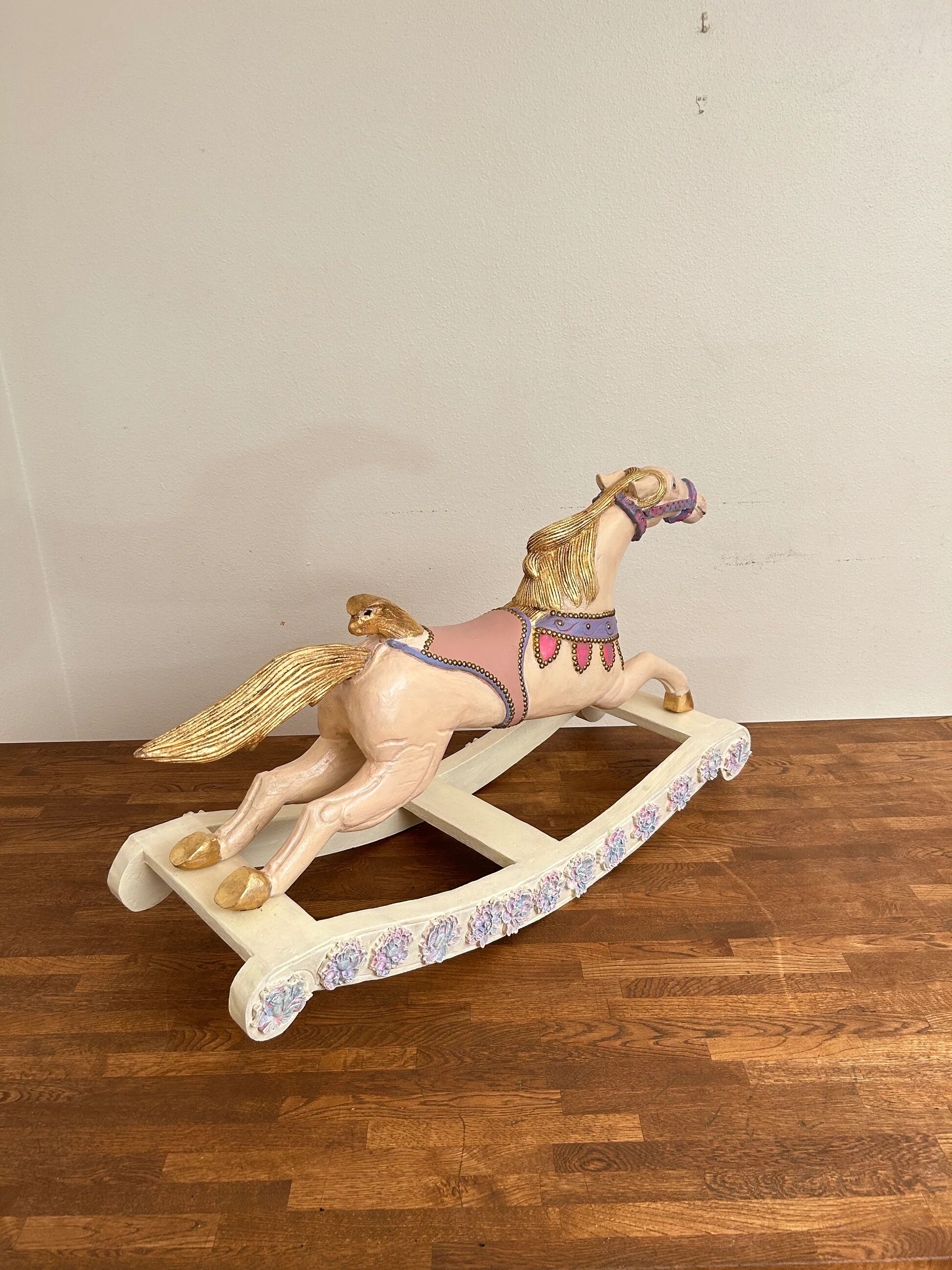 Hand-painted antique rocking horse – pastel nursery decor, heirloom toy
