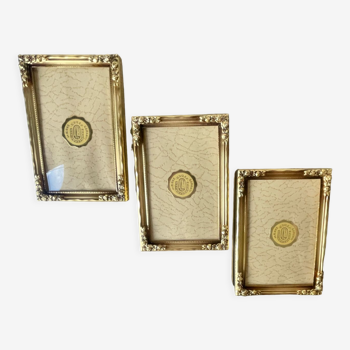 Set of 3 vintage identical gold colored metal picture frames convex glass