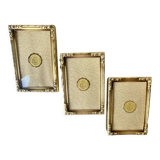 Set of 3 vintage identical gold colored metal picture frames convex glass