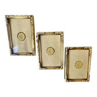 Set of 3 vintage identical gold colored metal picture frames convex glass