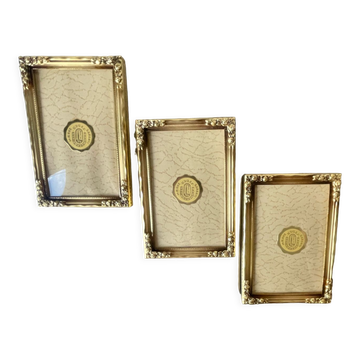 Set of 3 vintage identical gold colored metal picture frames convex glass