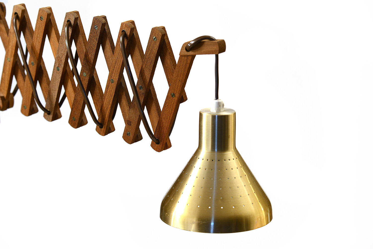 Solid teak wall lamp/Scissor lamp with brass coloured aluminium shade.