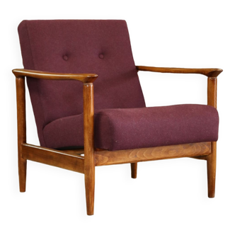 Fauteuil en bois design par E. Homa 142 vintage en laine aubergine