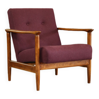 Oryginał wood armchair design by E. Homa 142 aubergine wool vintage chair modern
