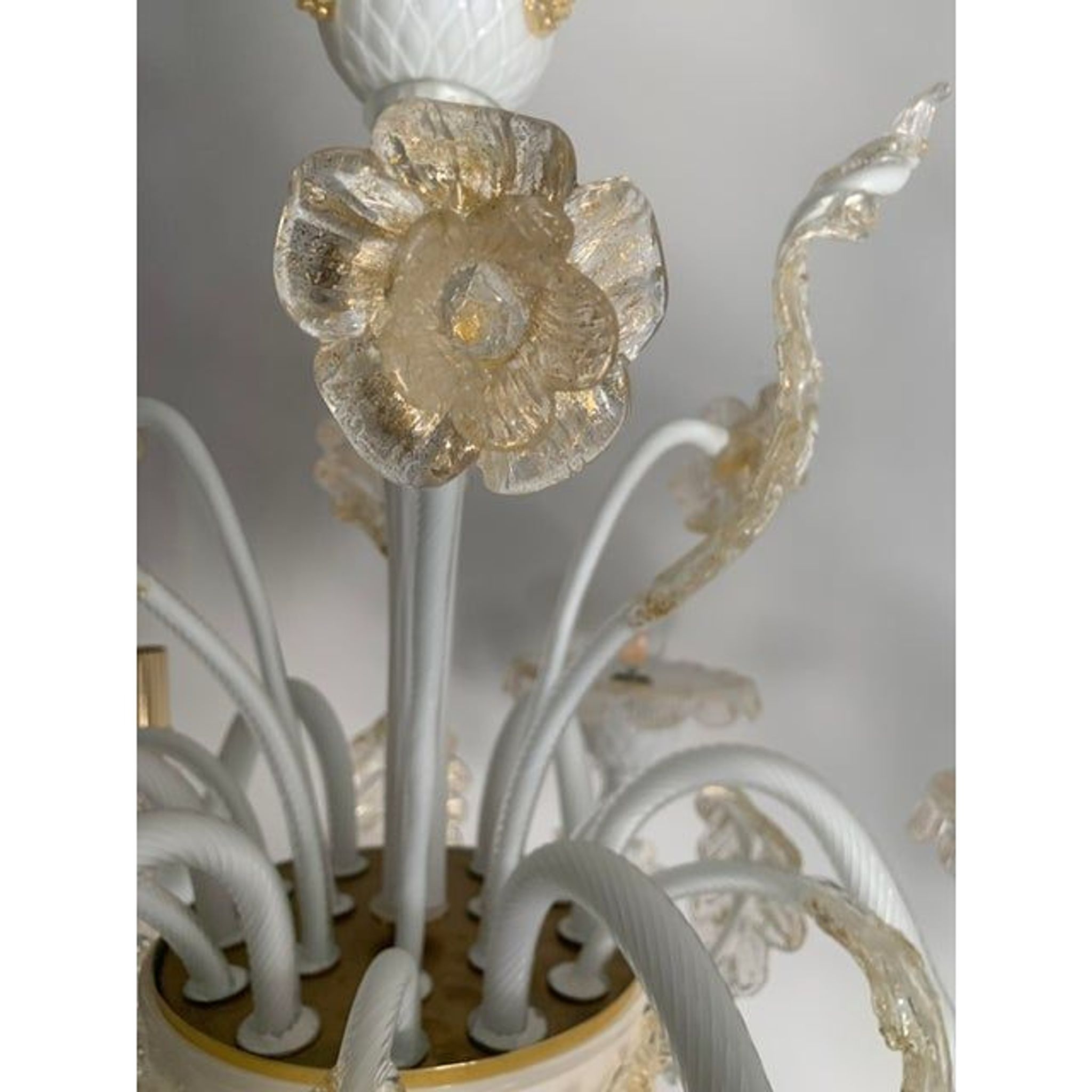Milky and Gold Murano Glass Chandelier With Flowers and Leaves