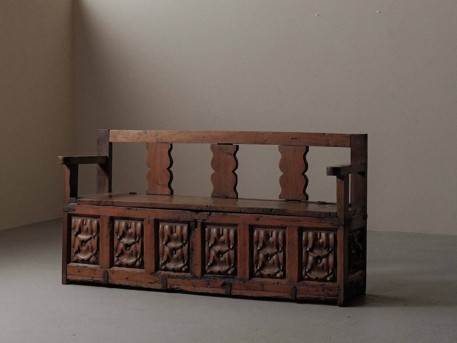 Carved solid wood bench-chest, 18th century