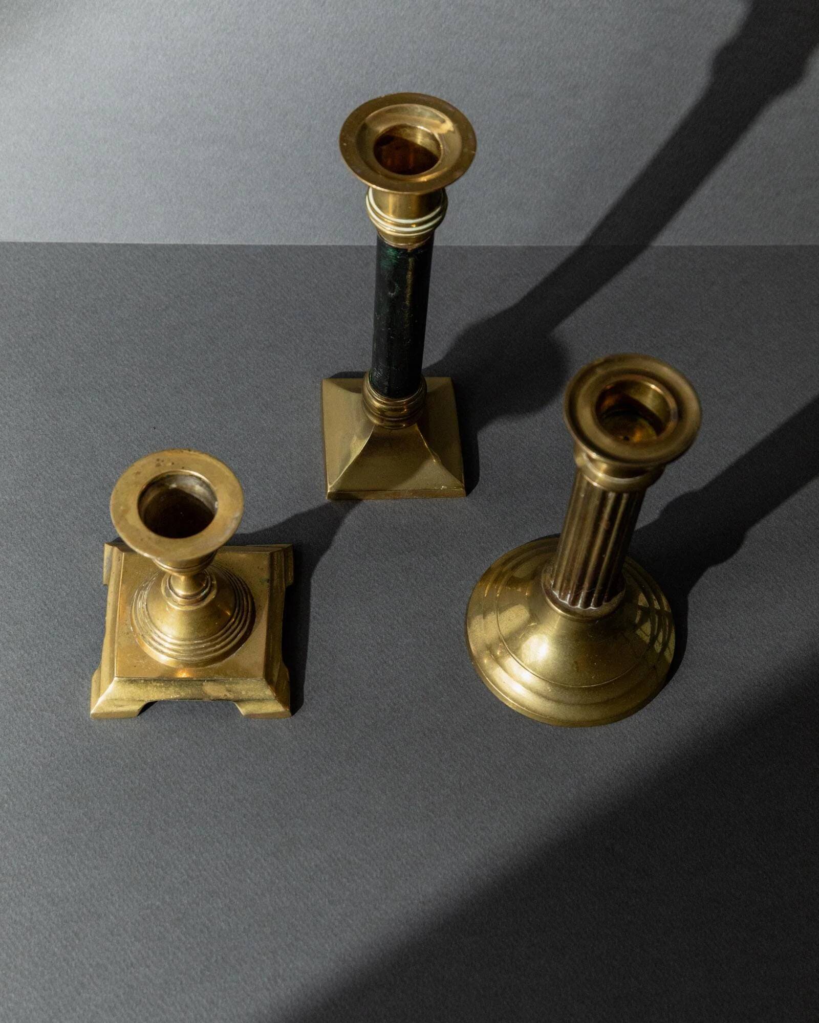 Lot of 3 vintage brass candlesticks from the 1940s, various shapes, classic antique design, retro table decoration, elegant gift idea.