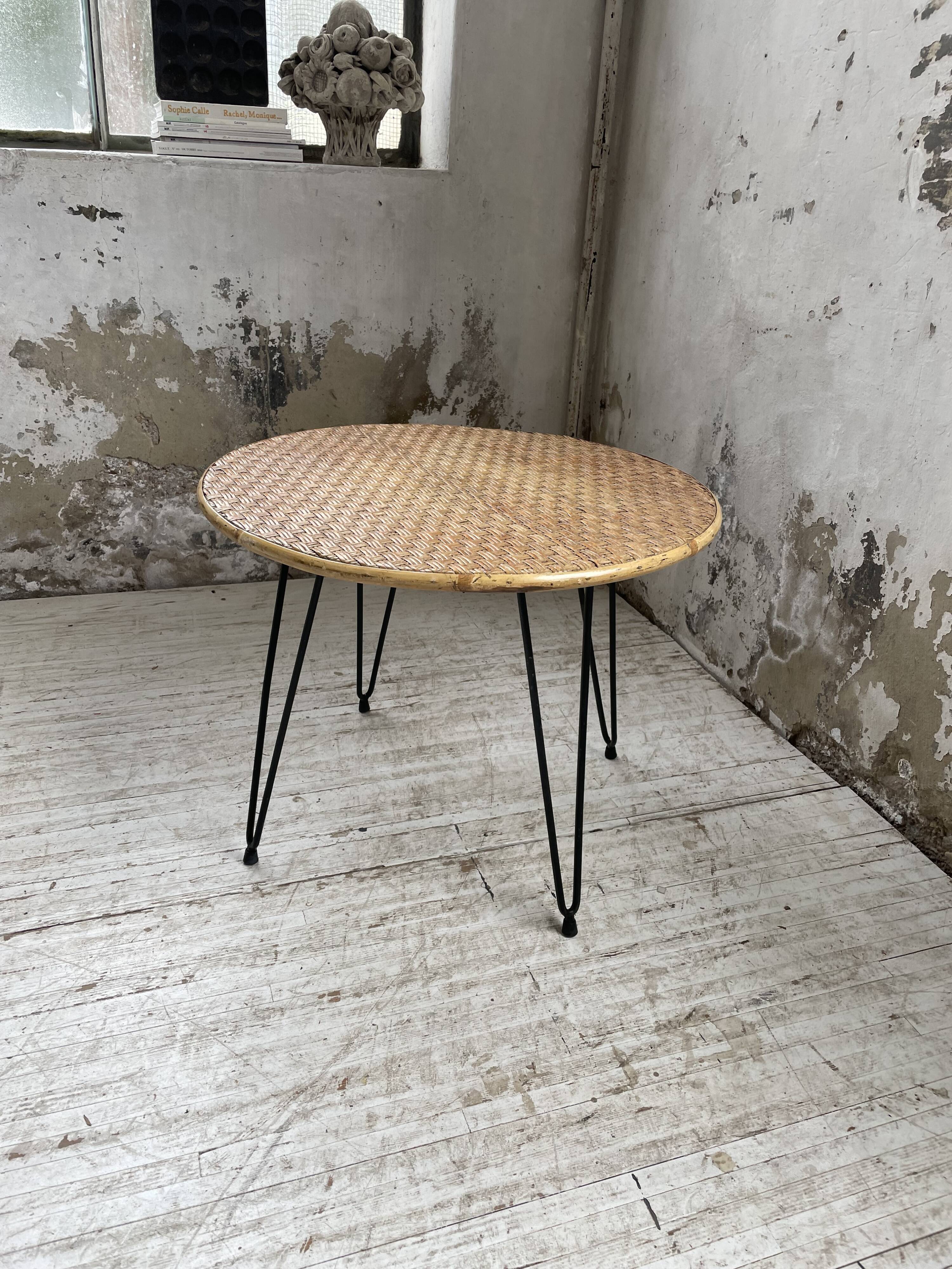 Wicker and metal coffee table from the 1950s