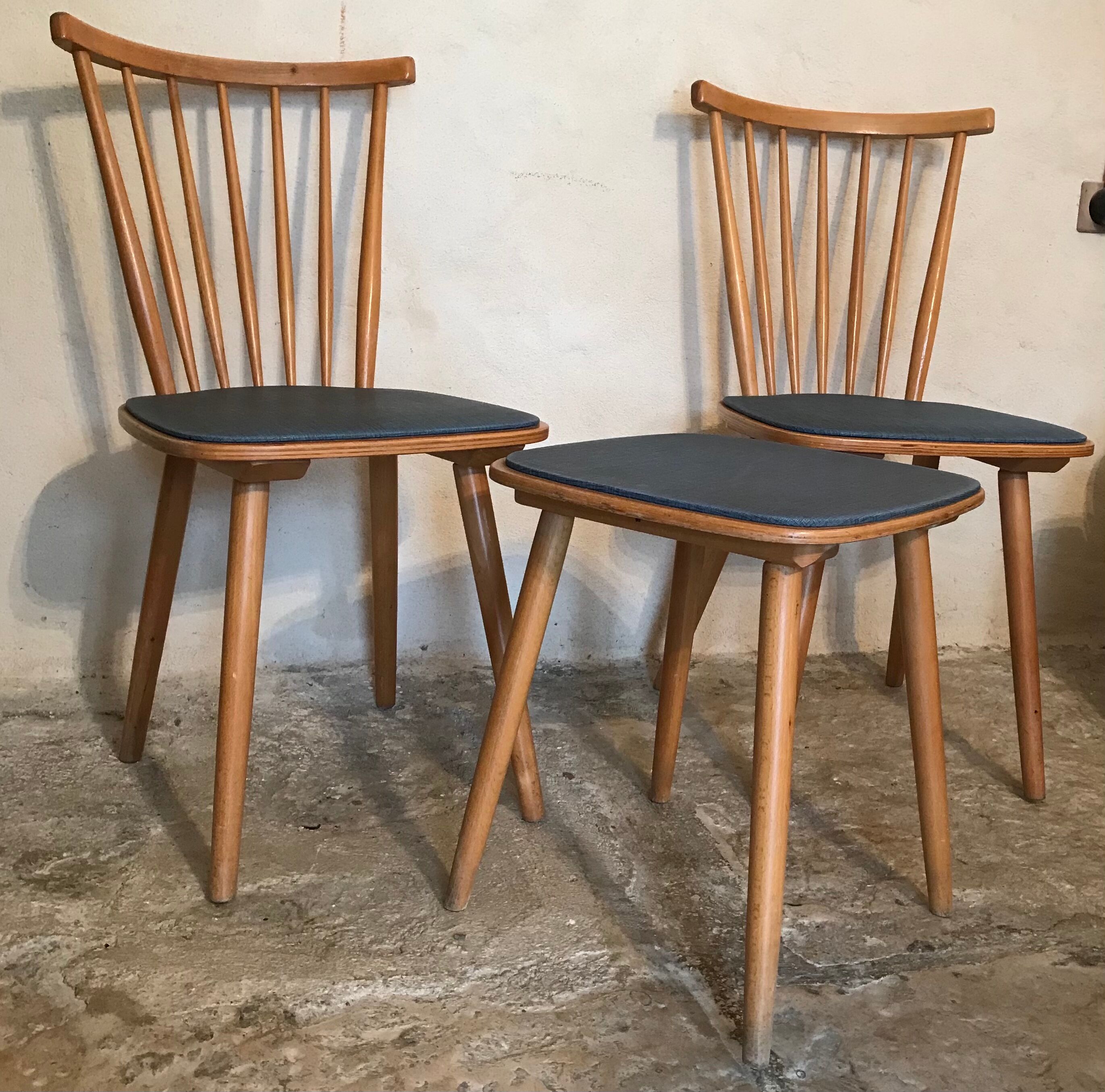 Set of 2 chairs with bars and a stool vintage compass feet 1960's