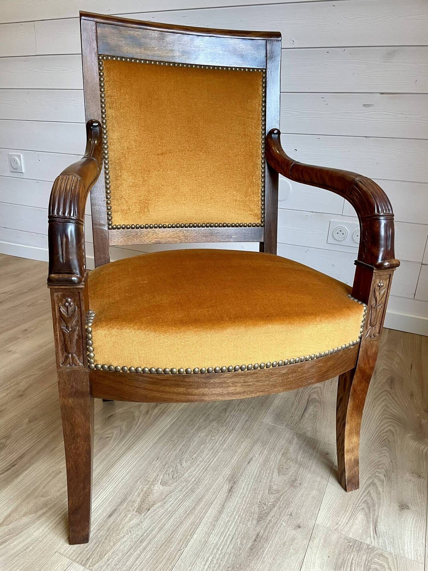 2 vintage style Directoire or Empire armchairs / cabriolets – orange velvet