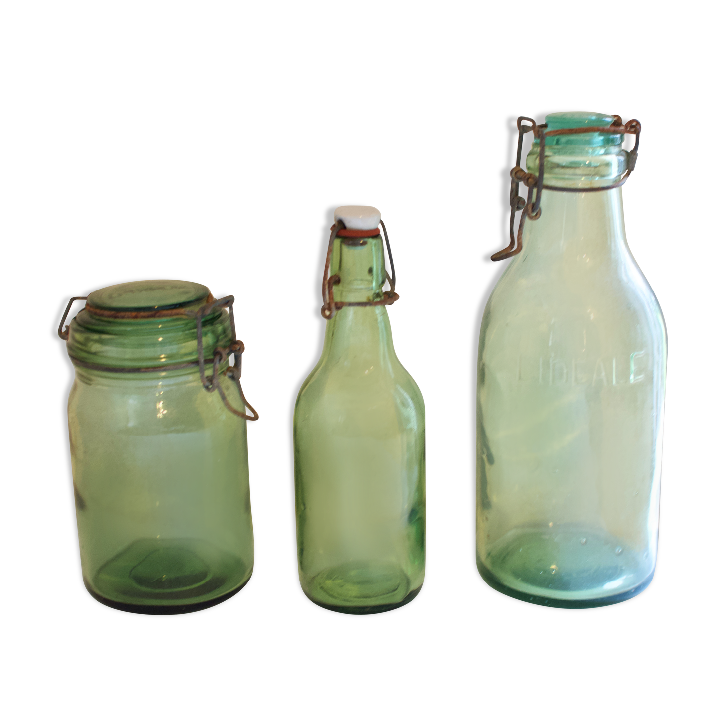 Lot de 3 bocaux et fiole en verre ancien