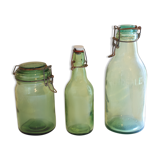 Lot de 3 bocaux et fiole en verre ancien