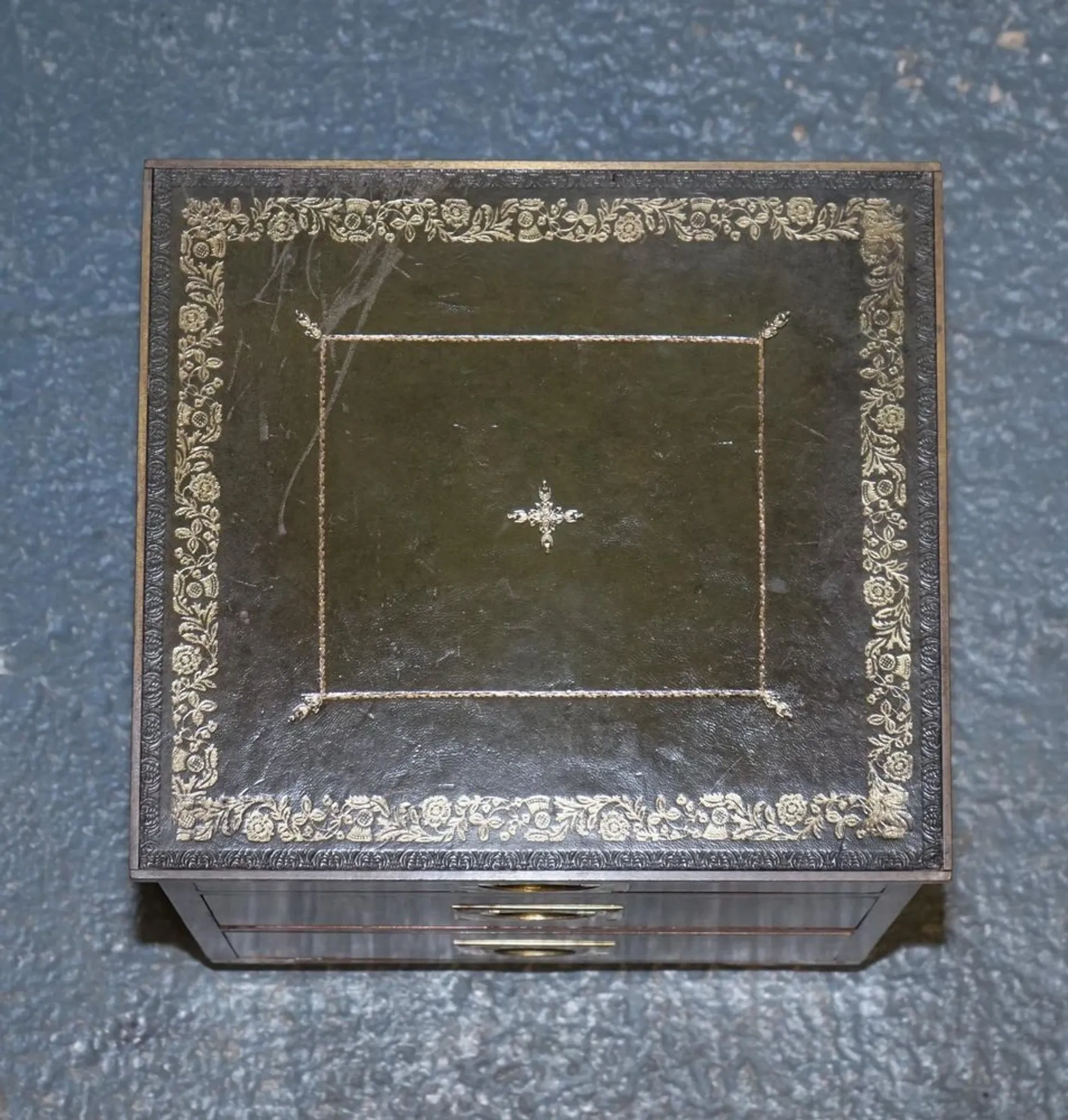 Yew Wood Nightstand Military Campaign with Green Leather Top