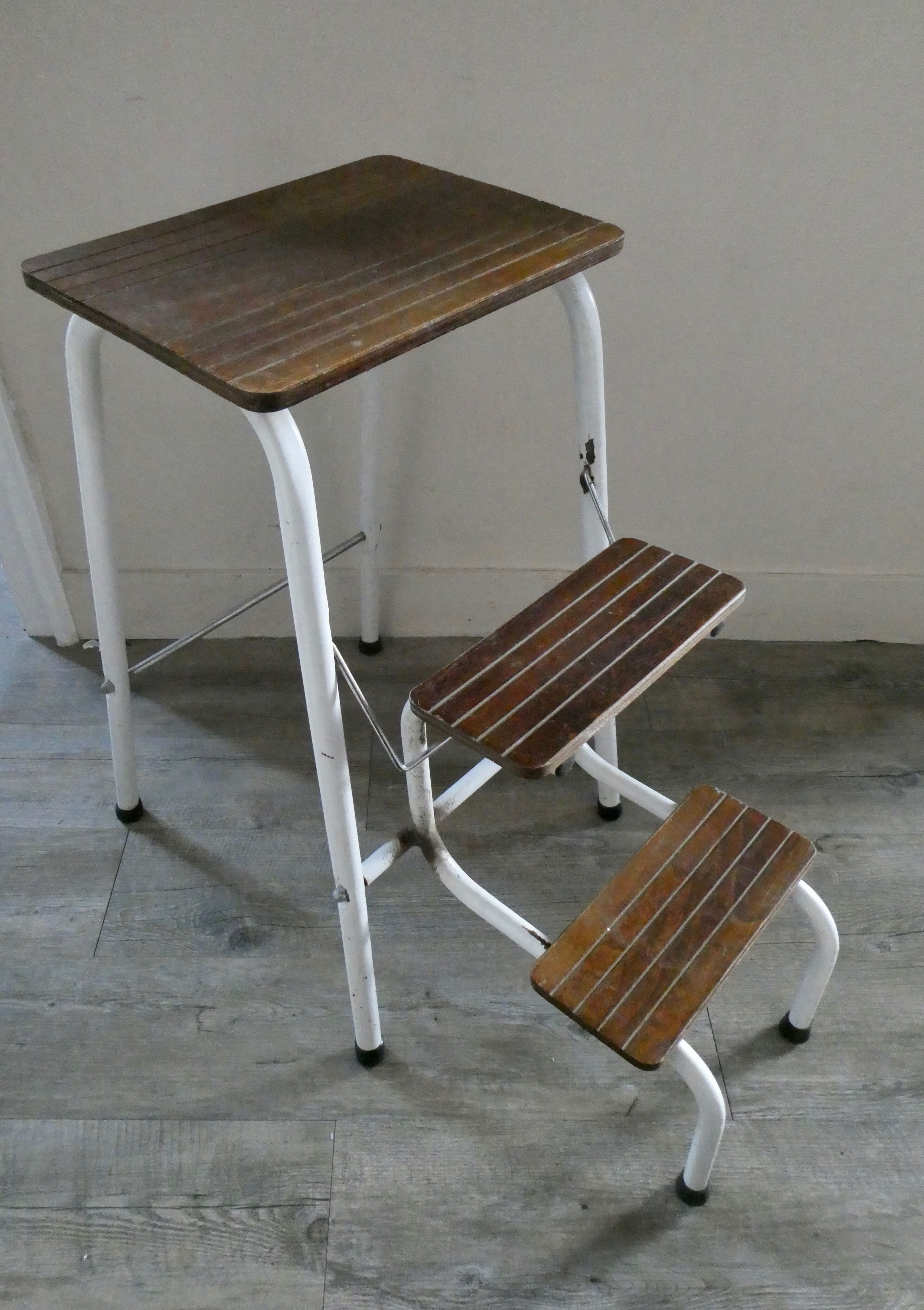 Stool step stool with 3 steps in wood and metal, 1960s