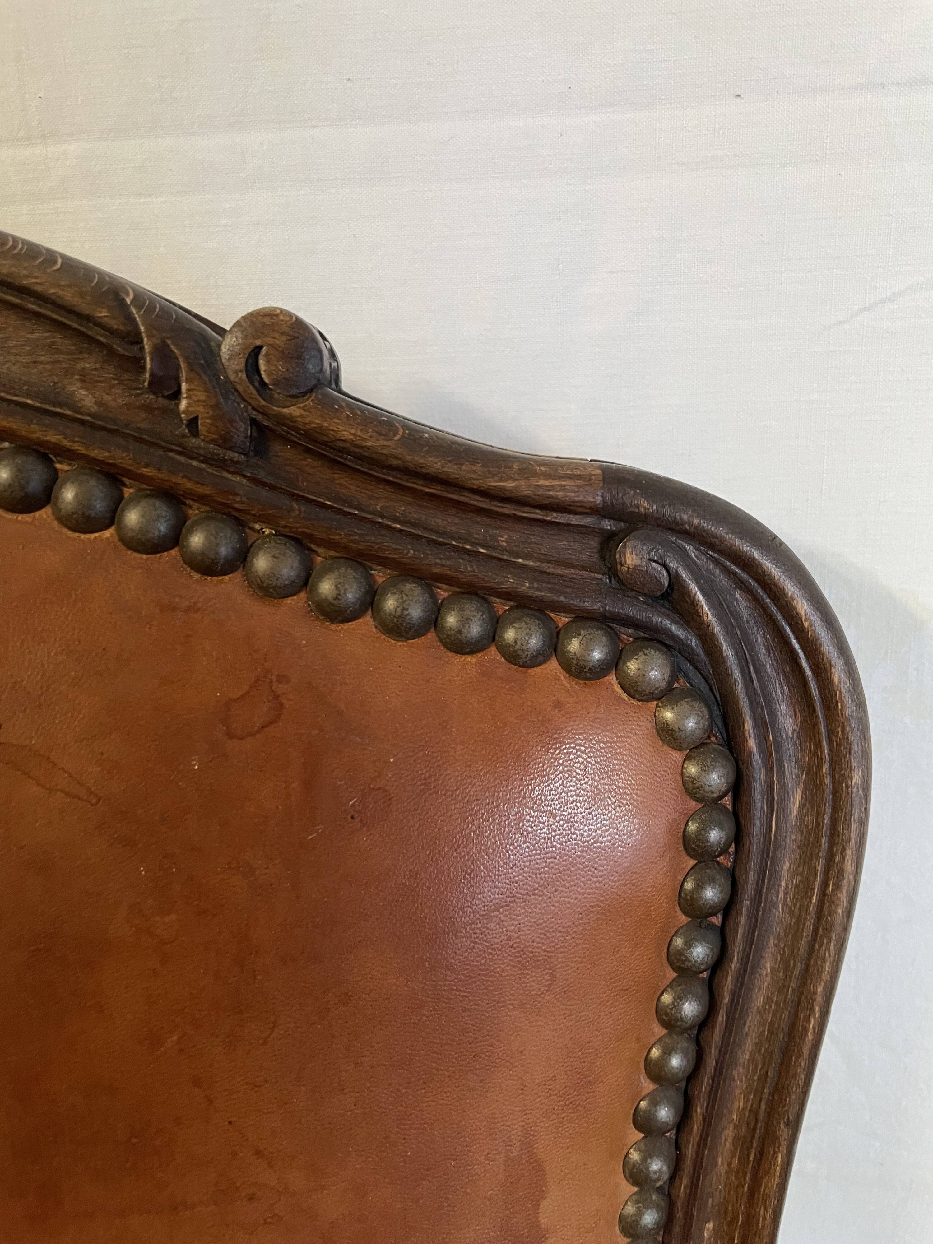 Victorian Wood and Brown Leather Dining Chairs