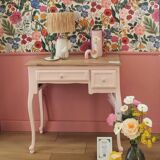 Console with 2 drawers, pink, wooden top.