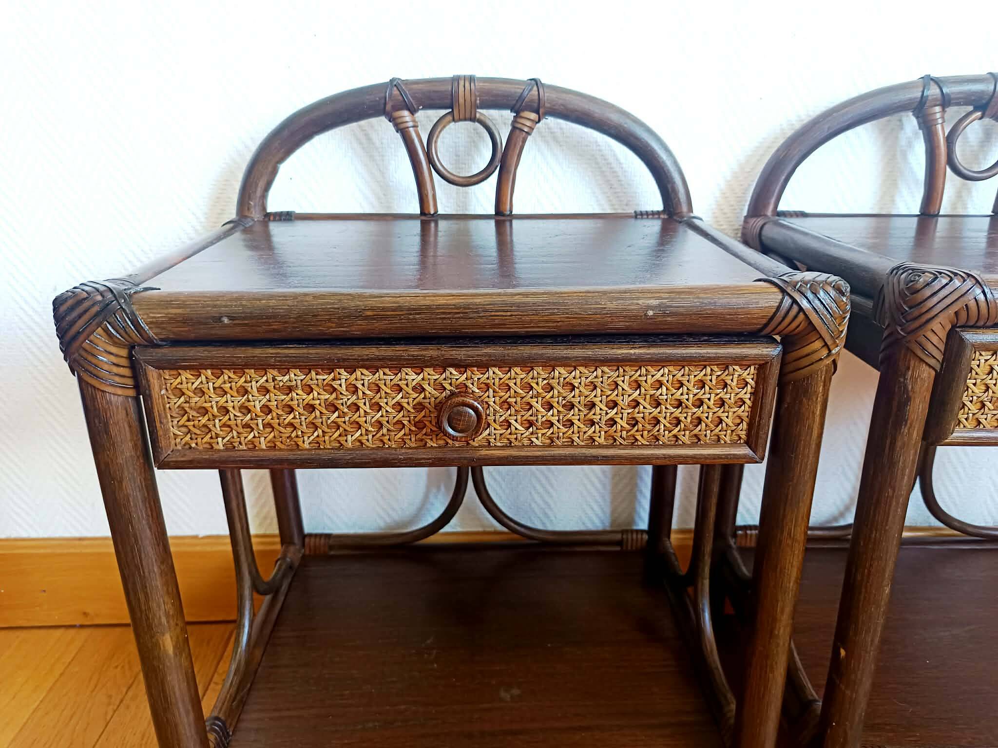 Pair of vintage 1960s rattan bedside tables