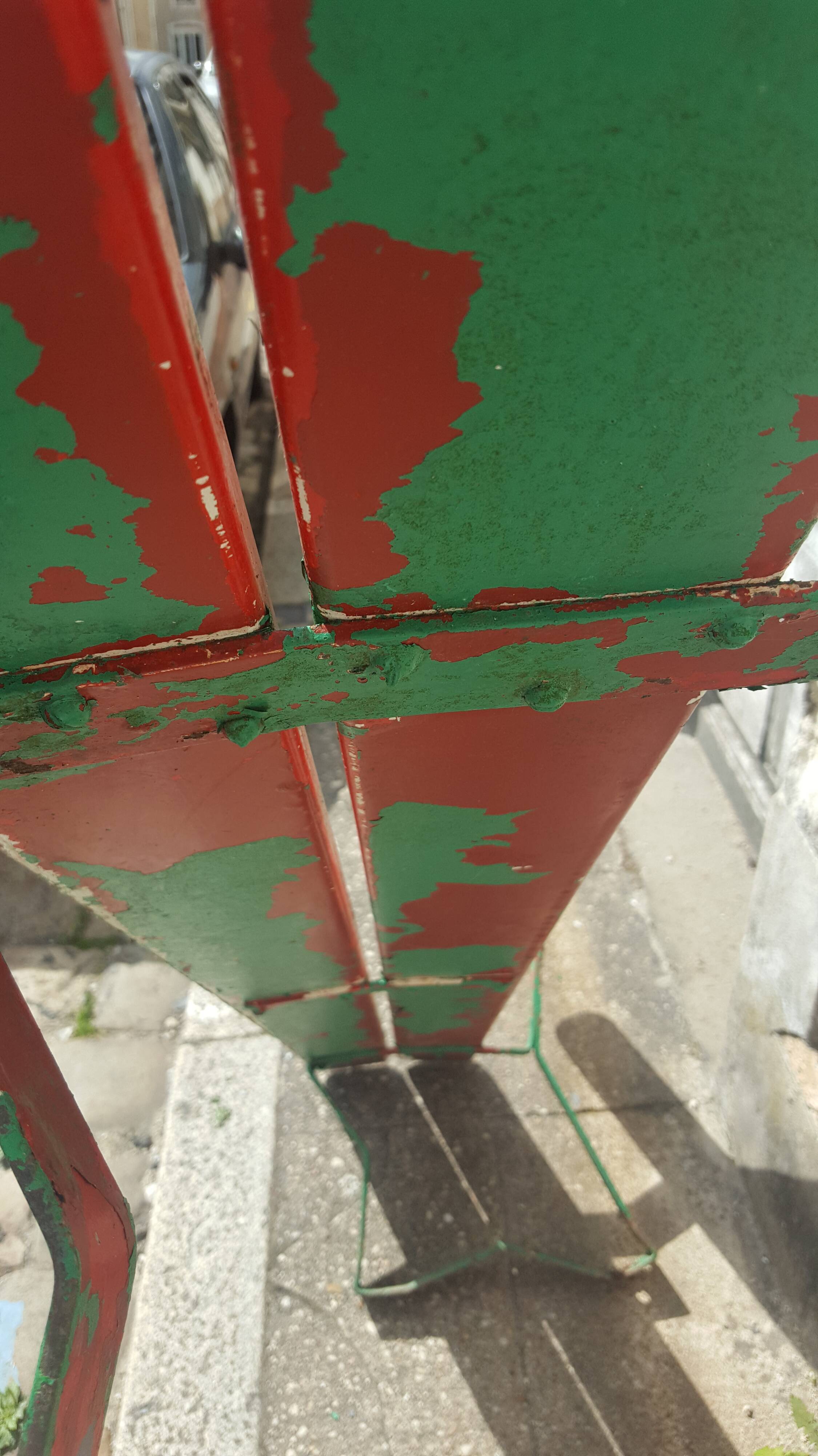 Former school bench patina green red