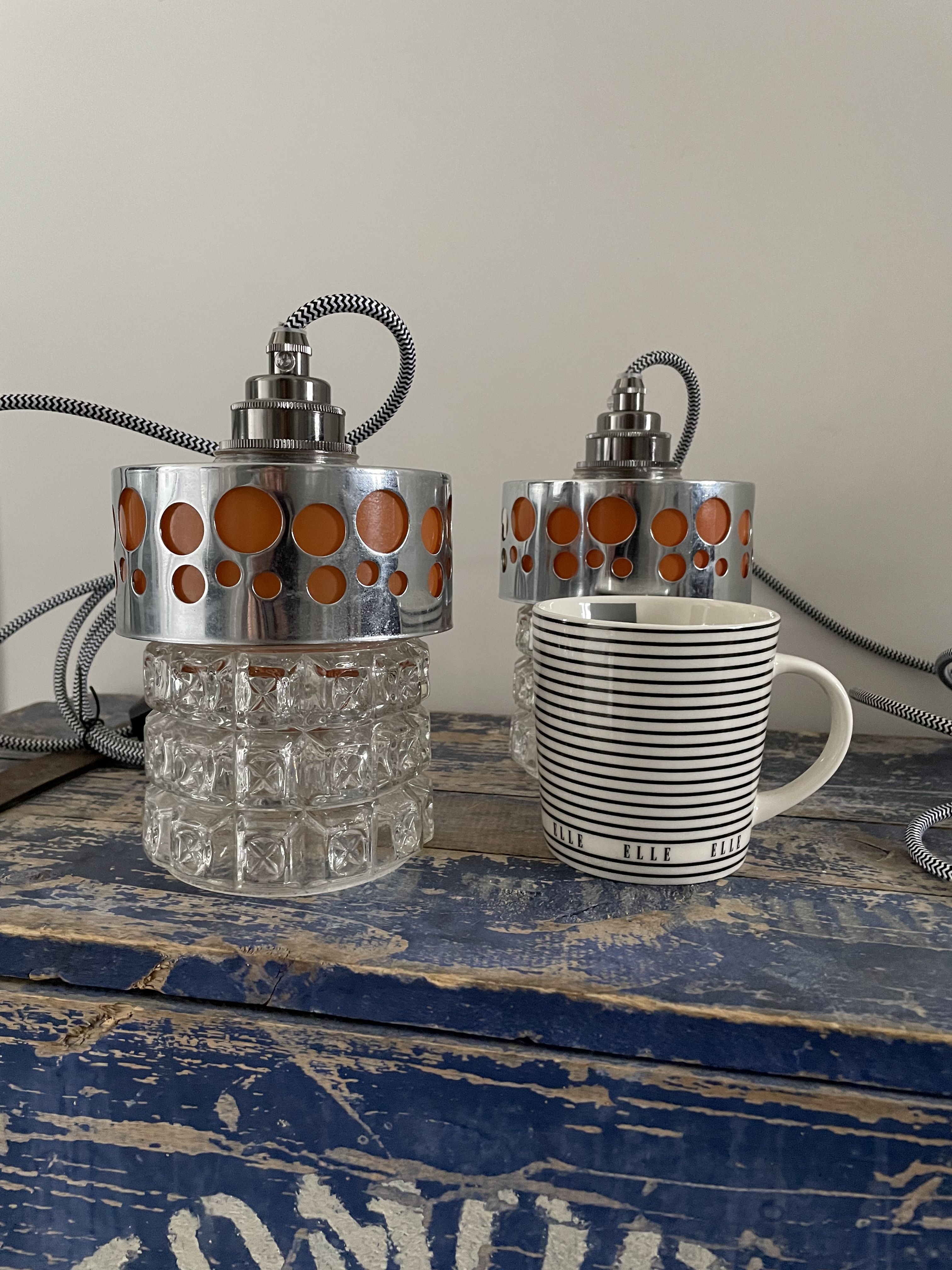 Set of vintage electric chiseled glass lamps