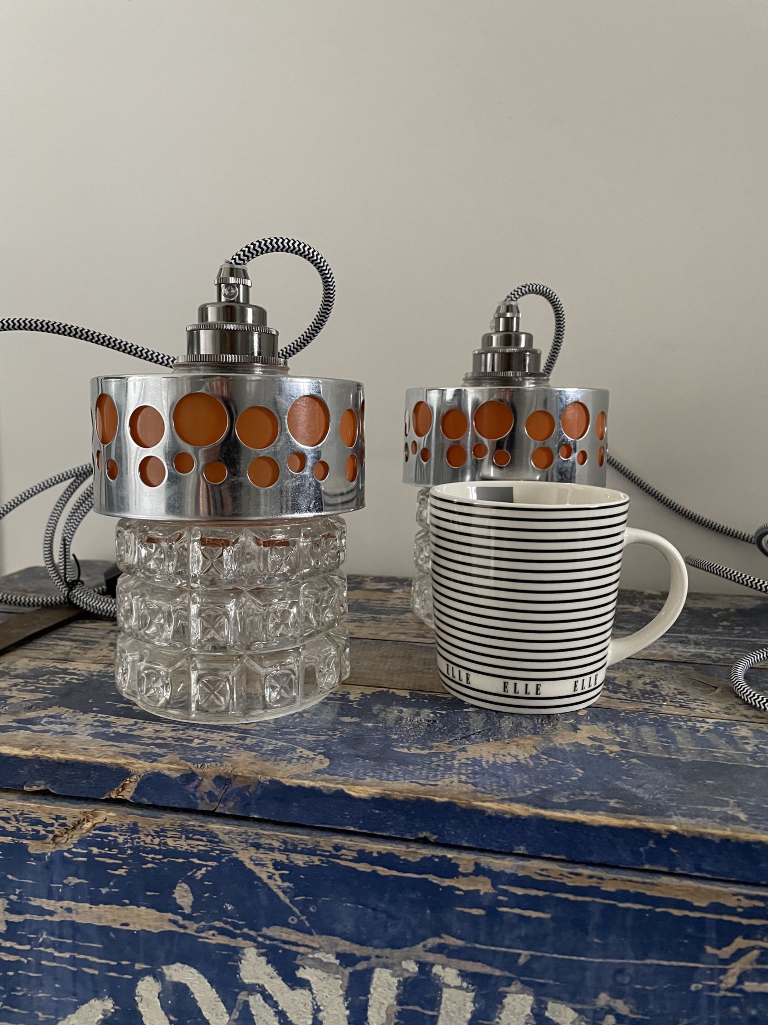 Set of vintage electric chiseled glass lamps